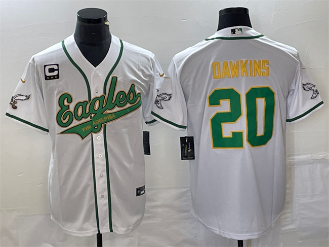 Men's Philadelphia Eagles #20 Brian Dawkins White Gold With C Patch Cool Base Stitched Baseball Jersey